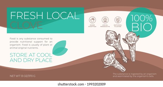Plantilla De Etiqueta De Especias Locales Frescas. Diseño horizontal de empaquetado de vectores abstracto. Banner de tipografía moderna con fondo de silueta de dibujo de la guantera dibujada a mano. Aislado.