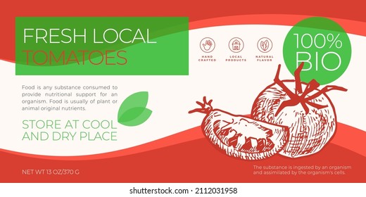 Fresh Local Tomatoes Label Template. Abstract Vector Packaging Horizontal Design Layout. Modern Typography Banner with Hand Drawn Vegetables Sketch Silhouette Background. Isolated