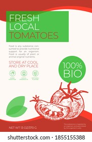 Fresh Local Vegetables Label Template. Abstract Vector Packaging Design Layout. Modern Typography Banner with Hand Drawn Tomato with Slice Sketch Silhouette Background. Isolated.