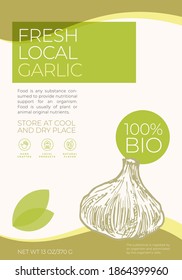 Fresh Local Vegetables Label Template. Abstract Vector Packaging Design Layout. Modern Typography Banner with Hand Drawn Garlic Sketch Silhouette Background. Isolated.