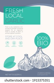 Fresh Local Vegetables Label Template. Abstract Vector Packaging Design Layout. Modern Typography Banner with Hand Drawn Garlic Sketch Silhouette Background. Isolated.
