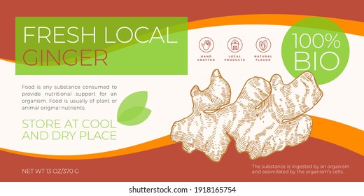 Fresh Local Vegetables Label Template. Abstract Vector Packaging Horizontal Design Layout. Modern Typography Banner with Hand Drawn Ginger Root Sketch Silhouette Background. Isolated.