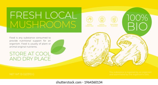 Plantilla De Etiqueta De Verduras Locales Frescas. Diseño de diseño de empaquetado horizontal de vectores abstractos. Banner de tipografía moderna con fondo de silueta dibujado a mano. Aislado.