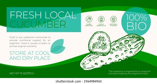 Fresh Local Vegetables Label Template. Abstract Vector Packaging Horizontal Design Layout. Modern Typography Banner with Hand Drawn Cucumbers Sketch Silhouette Background. Isolated.