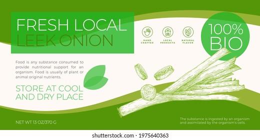 Fresh Local Vegetables Label Template. Abstract Vector Packaging Horizontal Design Layout. Modern Typography Banner with Hand Drawn Leek Onion Sketch Silhouette Background. Isolated.