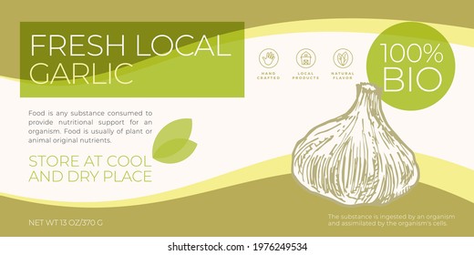 Fresh Local Vegetables Label Template. Abstract Vector Packaging Horizontal Design Layout. Modern Typography Banner with Hand Drawn Garlic Sketch Silhouette Background. Isolated.