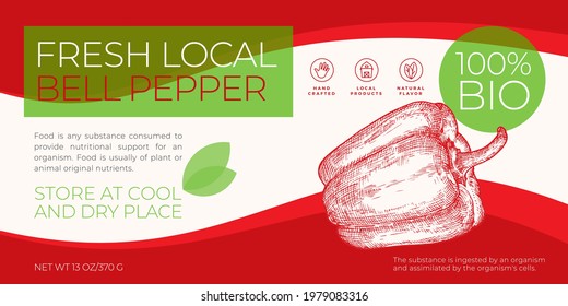 Fresh Local Vegetables Label Template. Abstract Vector Packaging Horizontal Design Layout. Modern Typography Banner with Hand Drawn Bell Pepper Sketch Silhouette Background. Isolated.