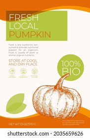Fresh Local Vegetables Label Template. Abstract Vector Packaging Design Layout. Modern Typography Banner with Hand Drawn Autumn Pumpkin Sketch Silhouette Background. Isolated.