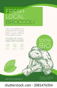 Fresh Local Vegetables Label Template. Abstract Vector Packaging Design Layout. Modern Typography Banner with Hand Drawn Broccoli Sketch Silhouette Background. Isolated.