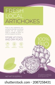 Fresh Local Vegetables Label Template. Abstract Vector Packaging Design Layout. Modern Typography Banner with Hand Drawn Artichokes Sketch Silhouette Background. Isolated