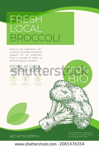 Fresh Local Vegetables Label Template. Abstract Vector Packaging Design Layout. Modern Typography Banner with Hand Drawn Broccoli Sketch Silhouette Background. Isolated.