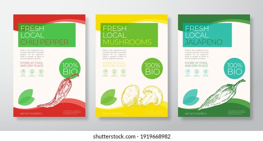 Fresh Local Vegetables Label Templates Set. Vector Packaging Design Layouts Collection. Typography Banner with Hand Drawn Champignons, Chili and Jalapeno Peppers Sketch Silhouette Background Isolated.