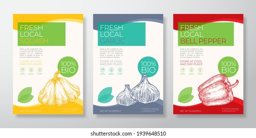 Fresh Local Vegetables Label Templates Set. Vector Packaging Design Layouts Collection. Typography Banner with Hand Drawn Squash, Bell Pepper and Garlic Sketch Silhouette Background Isolated.