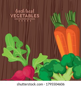 letras de verduras locales frescas con diseño de ilustración vectorial de madera de fondo