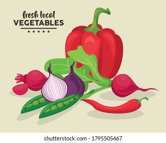fresh local vegetables lettering in background beige vector illustration design