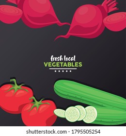 fresh local vegetables lettering with black background vector illustration design