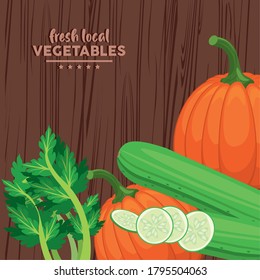 fresh local vegetables lettering with wooden background vector illustration design