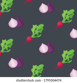 fresh local vegetables onions and radishes in black background vector illustration design