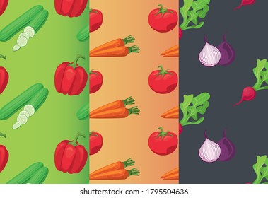 fresh local vegetables in set colors backgrounds vector illustration design