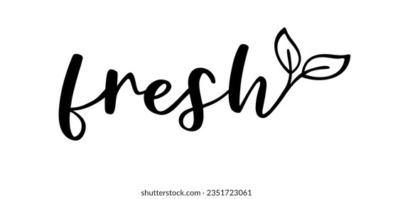 Nuevo logo. Diseñar un icono fresco con hoja. Palabra nueva de signo vectorial. Diseñar afiche, volante, pancarta del mercado de alimentos. Texto de caligrafía dibujado a mano. Icono de cartón fresco. Ilustración en blanco y negro.