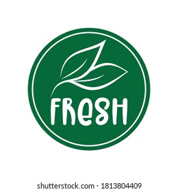 Fresh logo green leaf label  for veggie or vegetarian food package design. Isolated green leaf icon for vegetarian bio nutrition and healthy diet or vegan restaurant menu symbol.