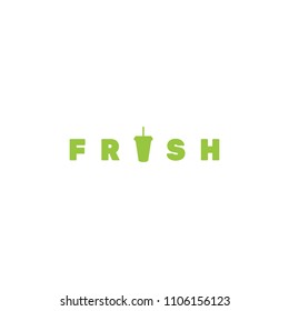 Fresh logo, plastic glass, drinking straw, vector illustration, silhouette flat, green