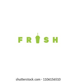 Fresh logo, plastic glass, drinking straw, vector illustration, silhouette flat, green