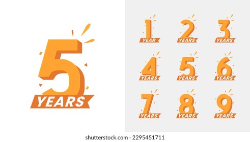 Fresh look anniversary logo collections. Birthday number for celebration moment with orange color. 1, 2, 3, 4, 5, 6, 7, 8, 9, years logo set