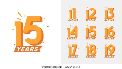 Colecciones del logotipo del aniversario de apariencia reciente. Número de cumpleaños para el momento de celebración con color naranja. conjunto de logotipos 11, 12, 13, 14, 15, 16, 17, 18, 19 años