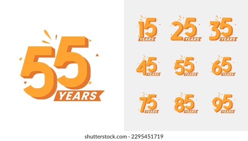 Colecciones del logotipo del aniversario de apariencia reciente. Número de cumpleaños para el momento de celebración con color naranja. 15, 25, 35, 45, 55, 65, 75, 85, 95 años conjunto de logotipos