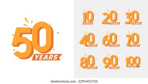 Fresh look anniversary logo collections. Birthday number for celebration moment with orange color. 10, 20, 30, 40, 50, 60, 70, 80, 90, 100, years logo set