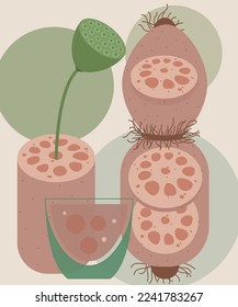 fresh lotus root and seedpod of the lotus. vegetable flat illustration design.