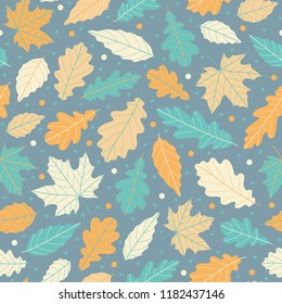 Fresh and lovely autumn leaves pattern, seamless repeat in soft pastel colors. Trendy hand drawn style.