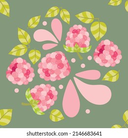 A fresh and luscious seamless pattern featuring raspberries. A  cute pattern design filled with sweet, round and juicy berry fruit, complete with leaves and some splashes here and there.