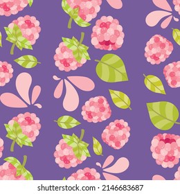 A fresh and luscious seamless pattern featuring raspberries. A  cute pattern design filled with sweet, round and juicy berry fruit, complete with leaves and some splashes here and there.