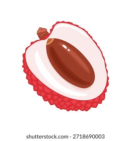 Frische Litschi einzeln auf weißem Hintergrund. Lychee in zwei Hälften geschnitten, mit Samen. Flache Vektorgrafik. Fruchtsymbol.