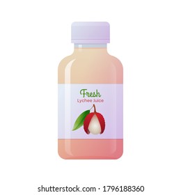 Fresh lychee juice glass bottle. Natural organic tropical bottled drink. Healthy diet, vegetarian detox product mockup template vector illustration isolated on white background