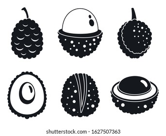 Fresh lychees icons set. Simple set of fresh lychees vector icons for web design on white background