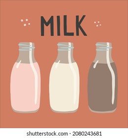Fresh made Strawberry Milk, chocolate milk and cow milk on terracotta color background