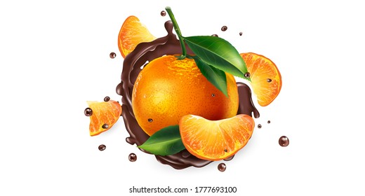 Fresh mandarins and splashes of liquid chocolate.