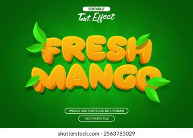 Fresh mango editable text effect with leaf decoration and green background 