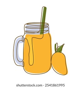 Fresh Mango Fruit Juice Smoothies Healthy Drink in Glass with Line Art Design
