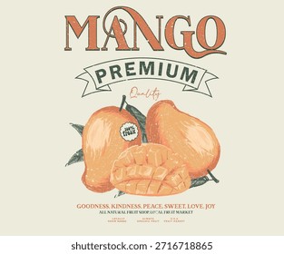 Fruta de mango fresca con estampado. Obra de arte de camiseta de mango dulce y jugoso. Diseño orgánico de la fruta del mango de Premium.