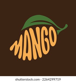 Señal de tipografía de frutos de mango frescos. Leyenda de mango dibujada a mano para logo, etiqueta, placa, emblema. Pegatina colorida brillante. Ilustración vectorial.