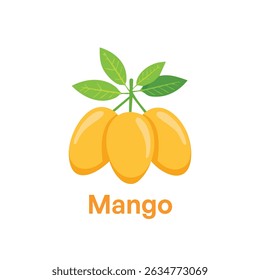 Fresh mango fruits with green leaves in flat cartoon style. Perfect for tropical food icons, fruit labels, and summer-themed designs