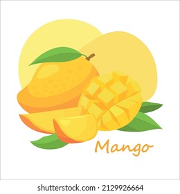 Mango fresco con hoja verde al estilo de las caricaturas. Vector entero y partes de mango dulce aislado en un fondo blanco.