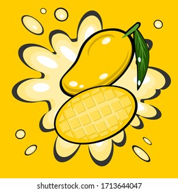 Fresh mango and half of mango with mango juice splash,Fruit,Vector