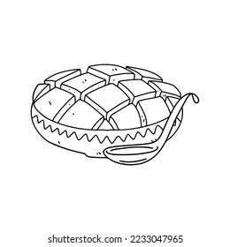 Fresh Mango in hand drawn doodle style. Fresh fruit in ceramic bowl. Tropical traditional food.