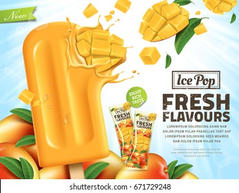 Fresh mango ice pop ads, sliced mango hit in popsicle isolated on sunshine background in 3d illustration, summer style 