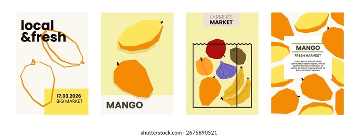 Fresh mango illustration. Simple posters with organic fruits for farmers market advertising. Vector templates with copyspace. Set of harvested tropical food in minimal hand drawn and flat style. 